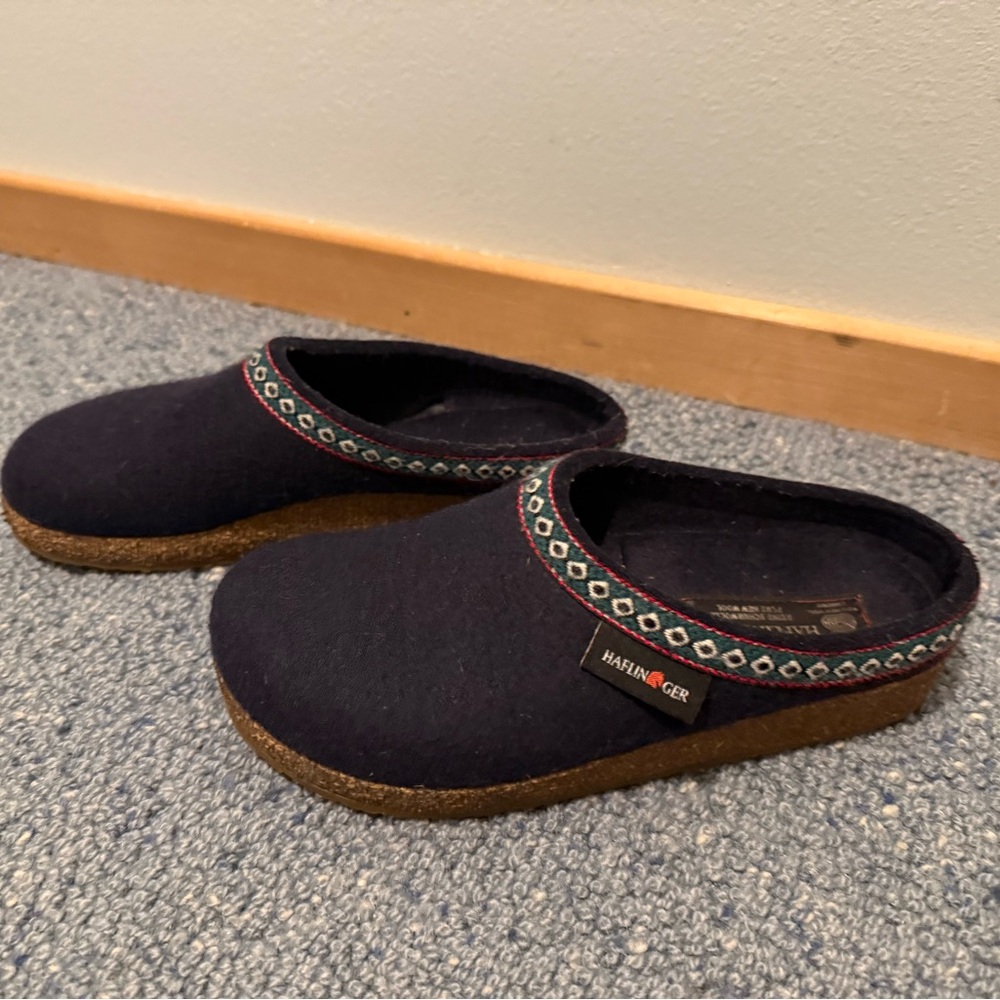 Haflinger Dark Blue Clogs with Patterned Trim